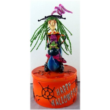 Dekoracja szkatułka na biżuterię ceramicna 21x9cm 'Halloween' z czarownicą pomarańczowa w pud.